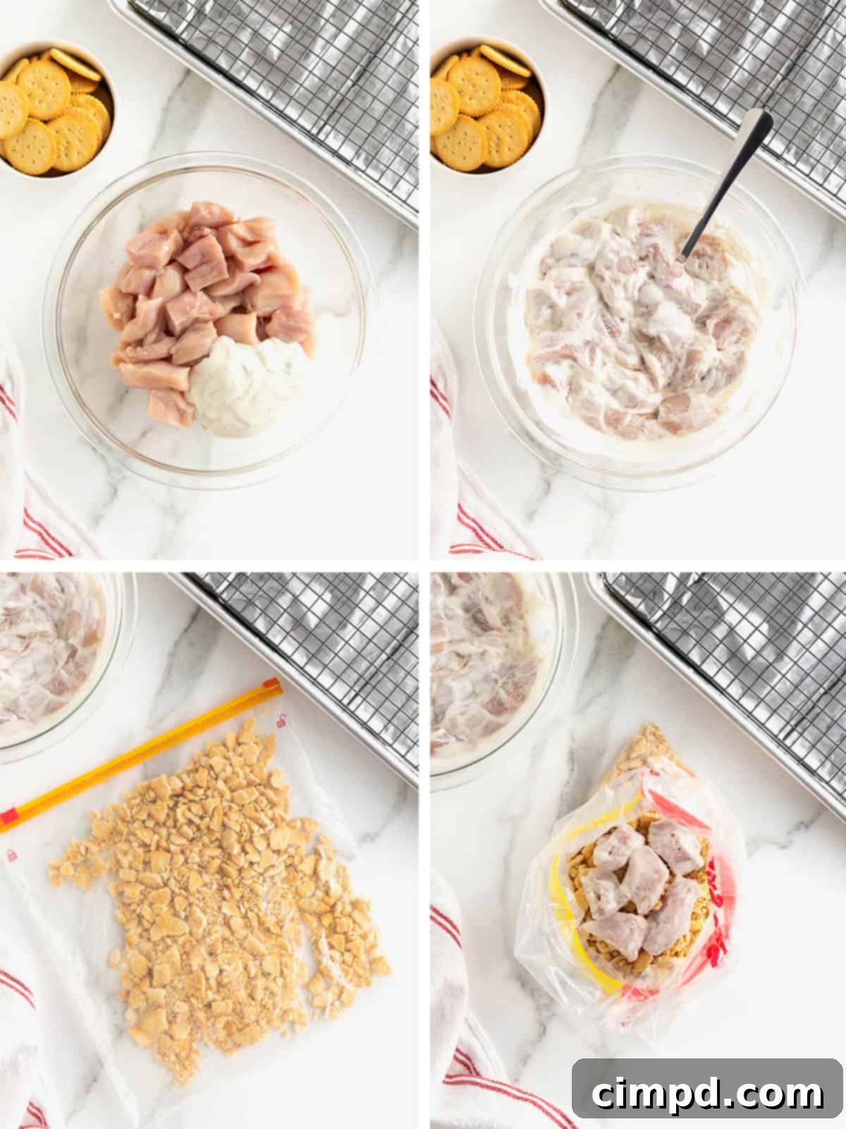 A collage showing the steps to make Ritzy Chicken Nuggets, including coating the chicken in crumbs and baking.