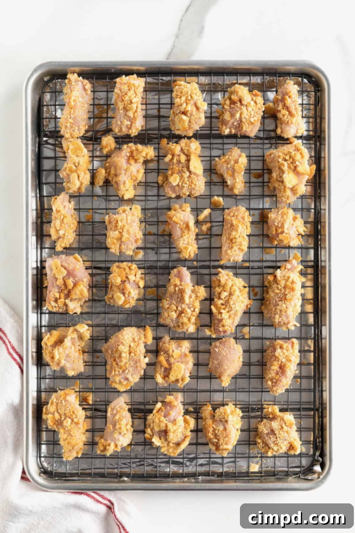 Chicken pieces coated in Ritz cracker crumbs are neatly arranged in a single layer on a wire rack set over a baking sheet, ready for the oven.
