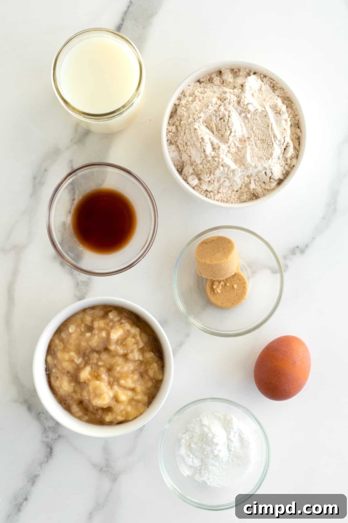 Ingredients laid out for Whole Wheat Banana Pancakes.