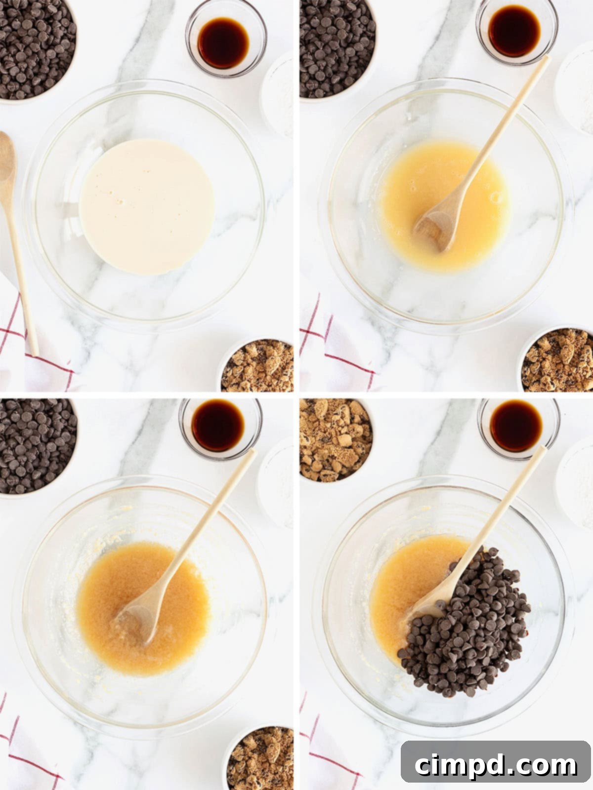 Visual steps illustrating how to combine and microwave the initial fudge ingredients.