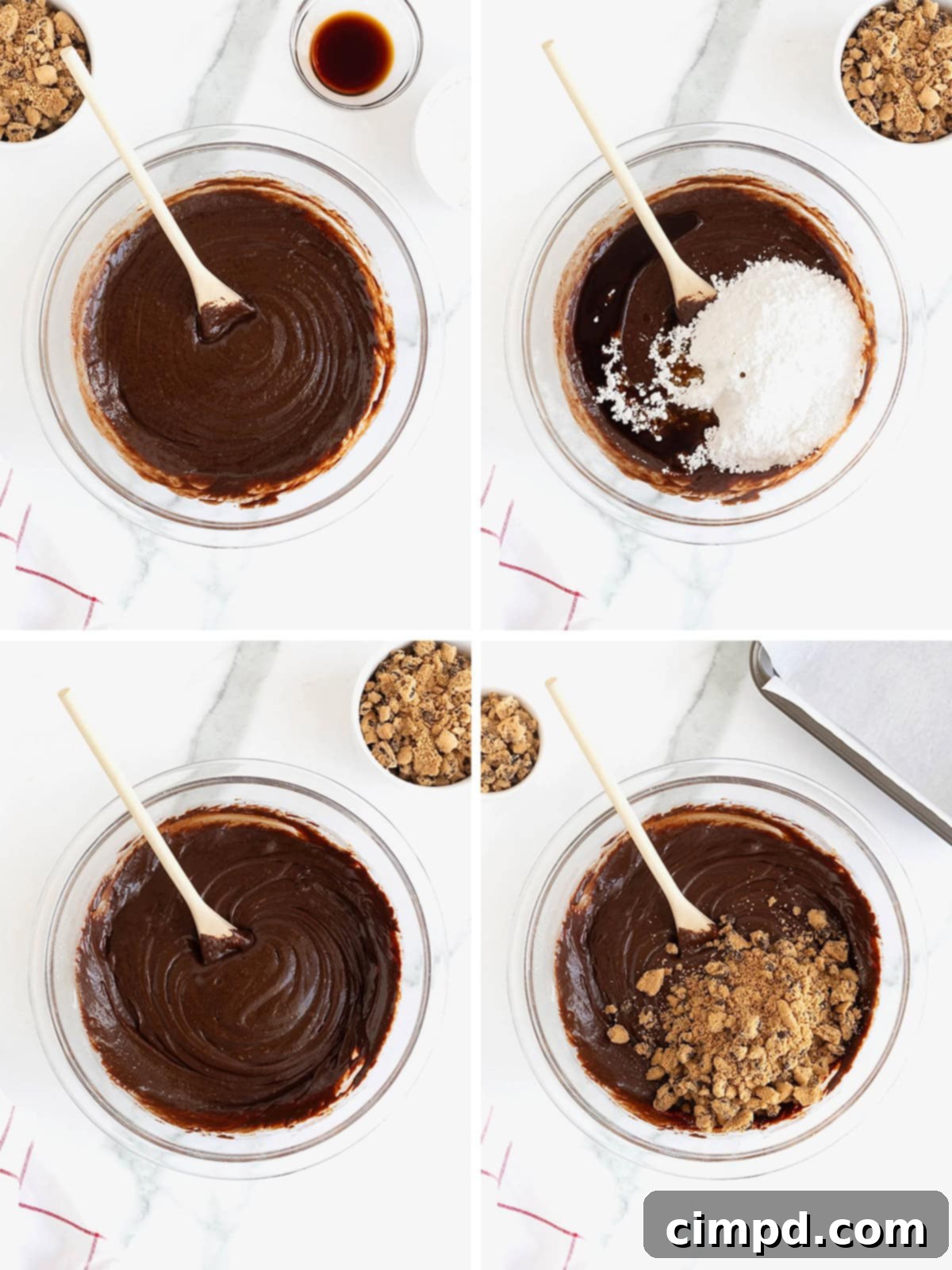 Visual steps demonstrating how to add powdered sugar and vanilla, then incorporate crushed cookies into the fudge mixture.