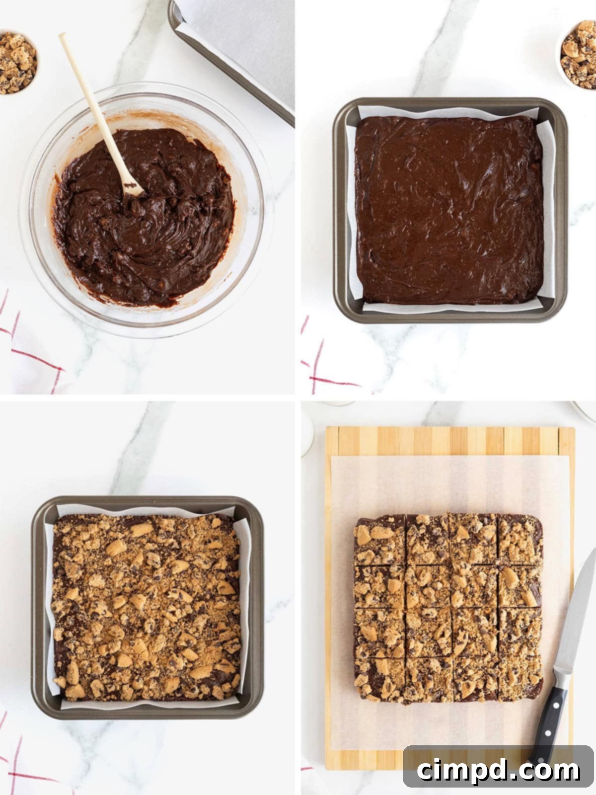 Visual steps showing the final stages of making chocolate chip cookie fudge: spreading into a pan, topping with cookies, chilling, and cutting.