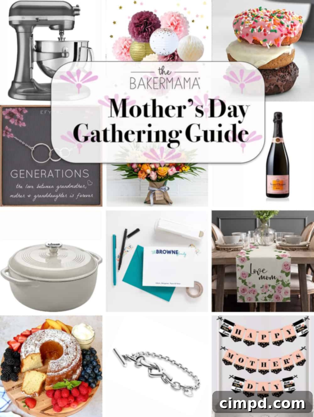 A beautifully set Mother's Day brunch table featuring a variety of pastries, fruits, and drinks, with elegant decor and flowers, curated by The BakerMama