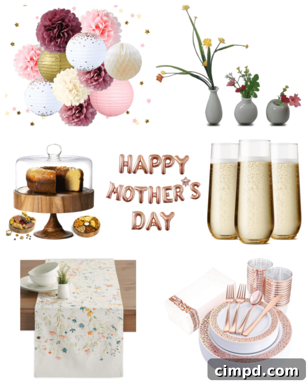 A beautifully decorated Mother's Day table with an elegant cake stand featuring a dessert, fresh flowers, and a 'MOM' balloon display, set for a festive celebration.