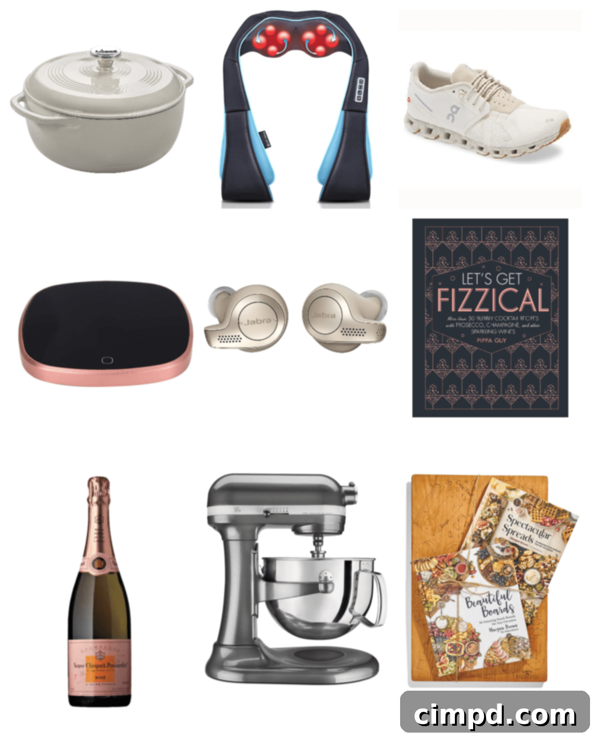 A curated collection of Mother's Day gift ideas from The BakerMama, including a champagne bottle, a cocktail recipe book, and a beautiful serving board.