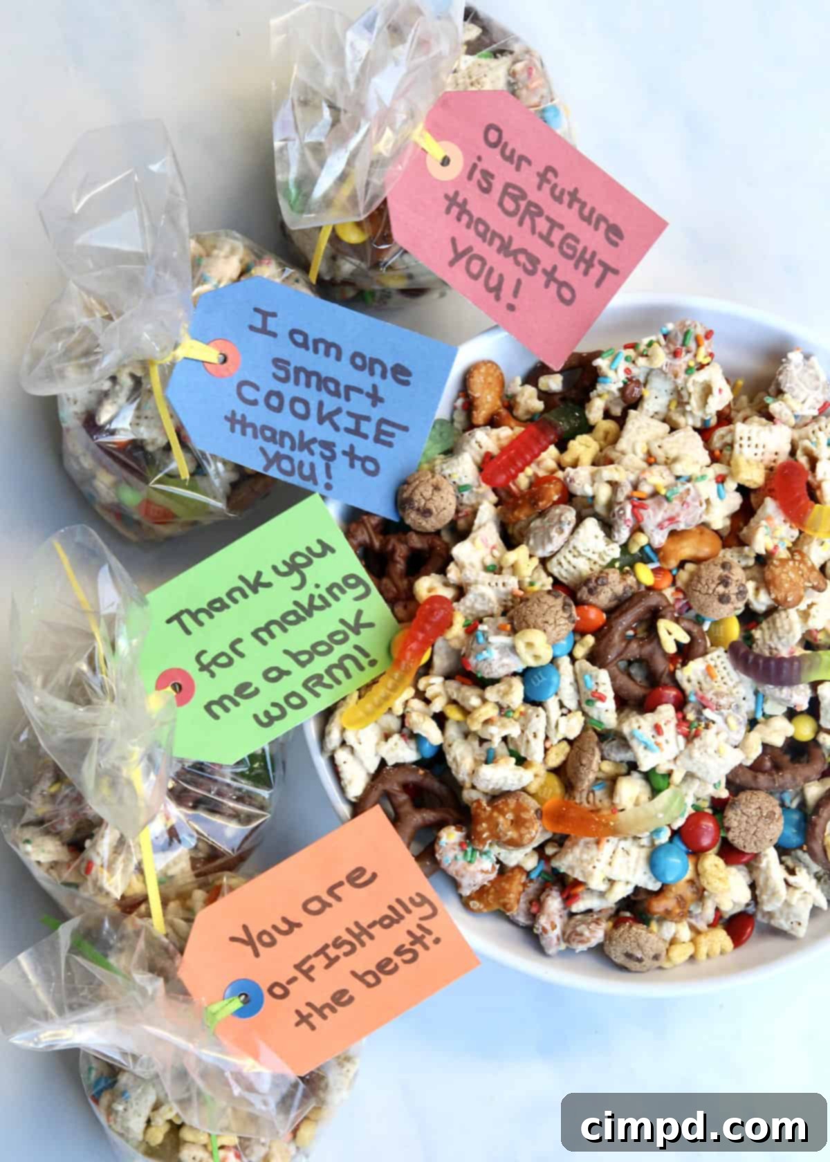 Handmade Teacher Appreciation Week Snack Mix by the BakerMama, packaged for gifting