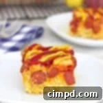 Cheesy Corn Dog Casserole - overhead view of the finished dish