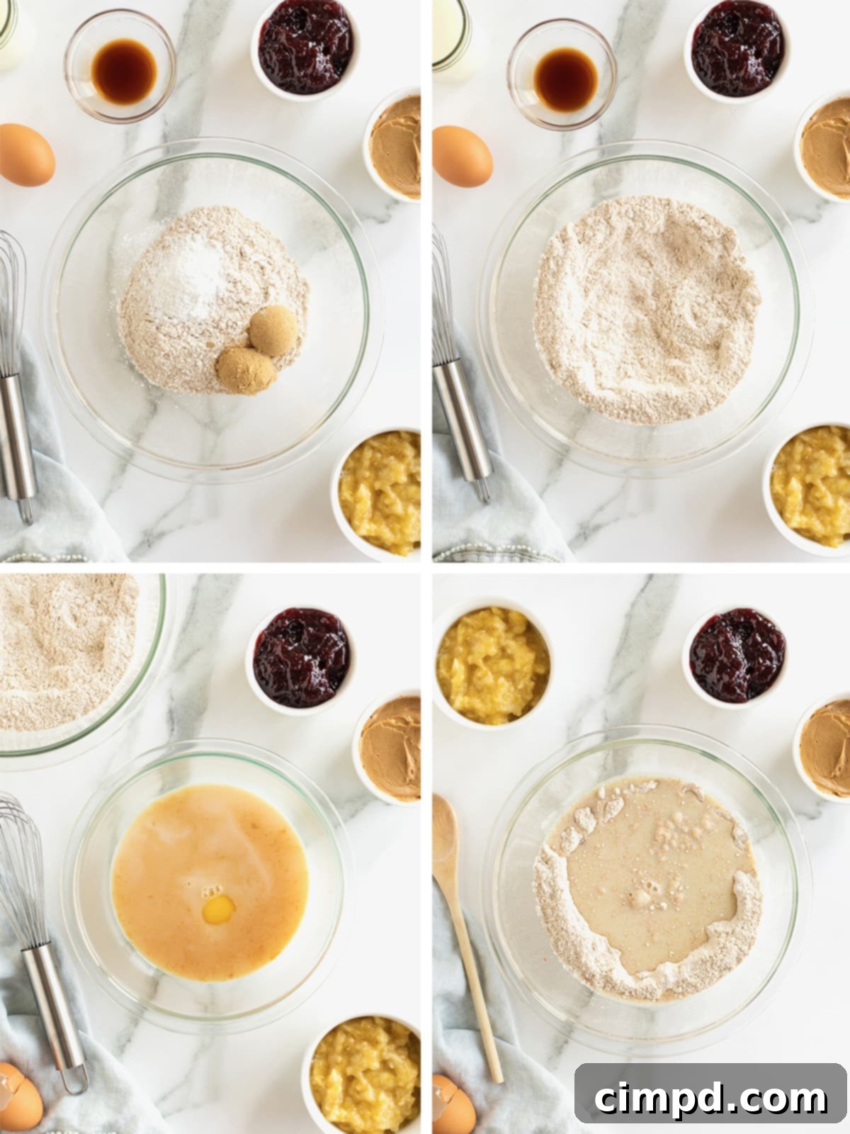 Steps to make banana pancake peanut butter and jelly sandwiches.