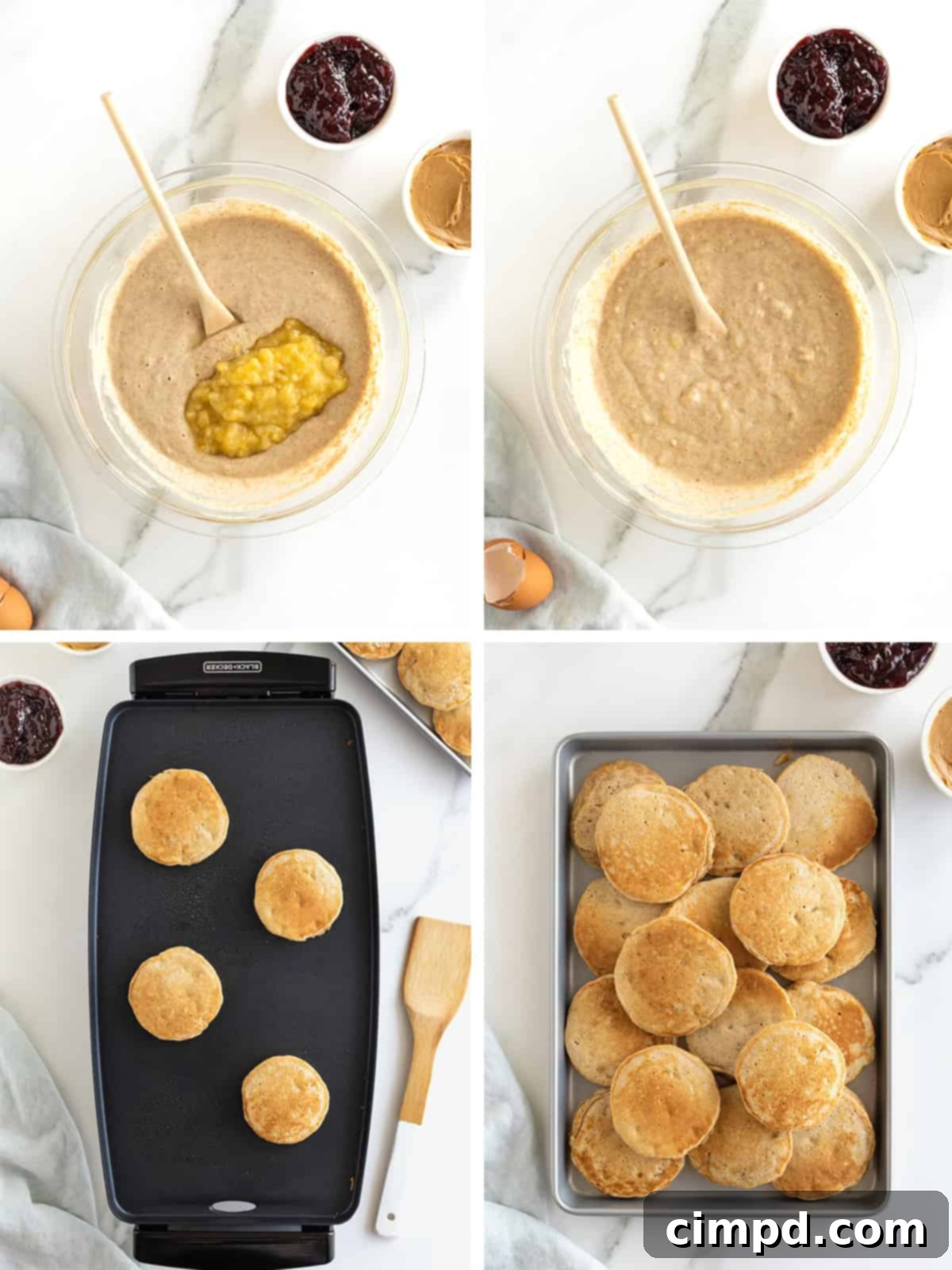 Steps to make banana pancake peanut butter and jelly sandwiches.