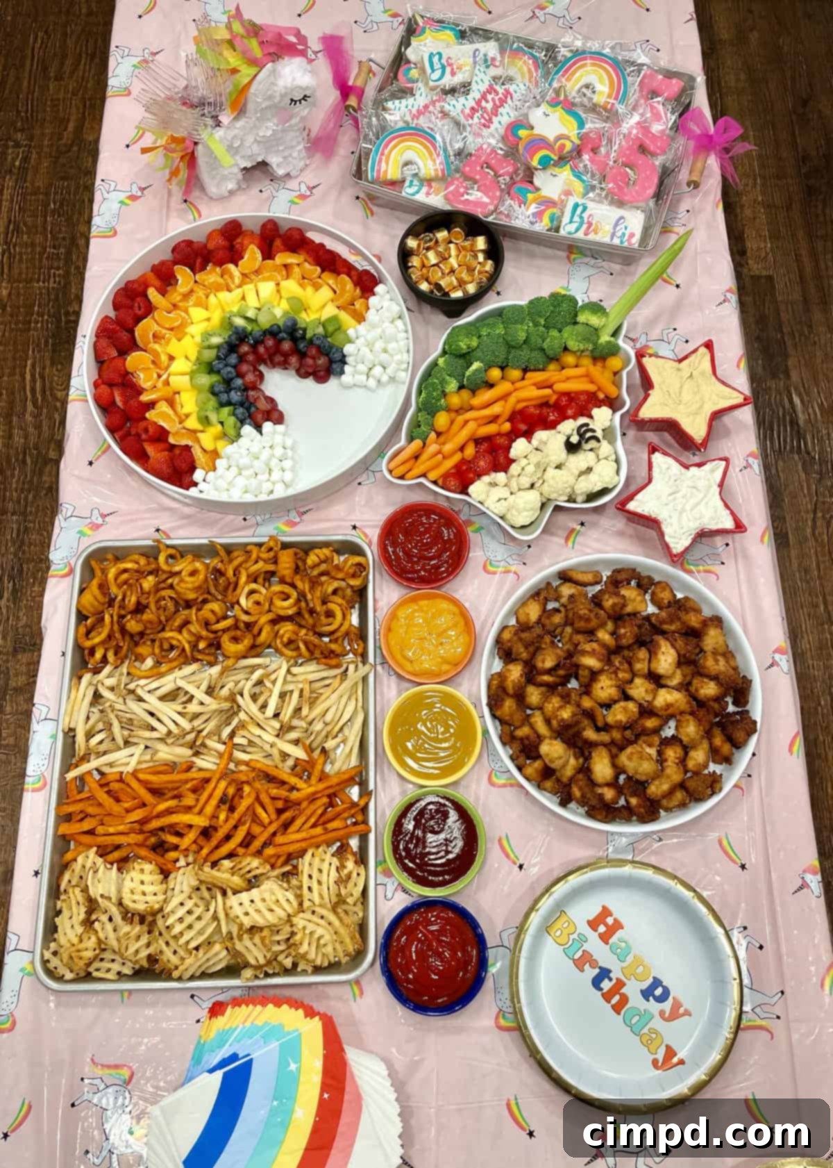 A vibrant Unicorn Magic Birthday Spread featuring various snacks and decorations, meticulously arranged to capture the essence of a whimsical unicorn theme.