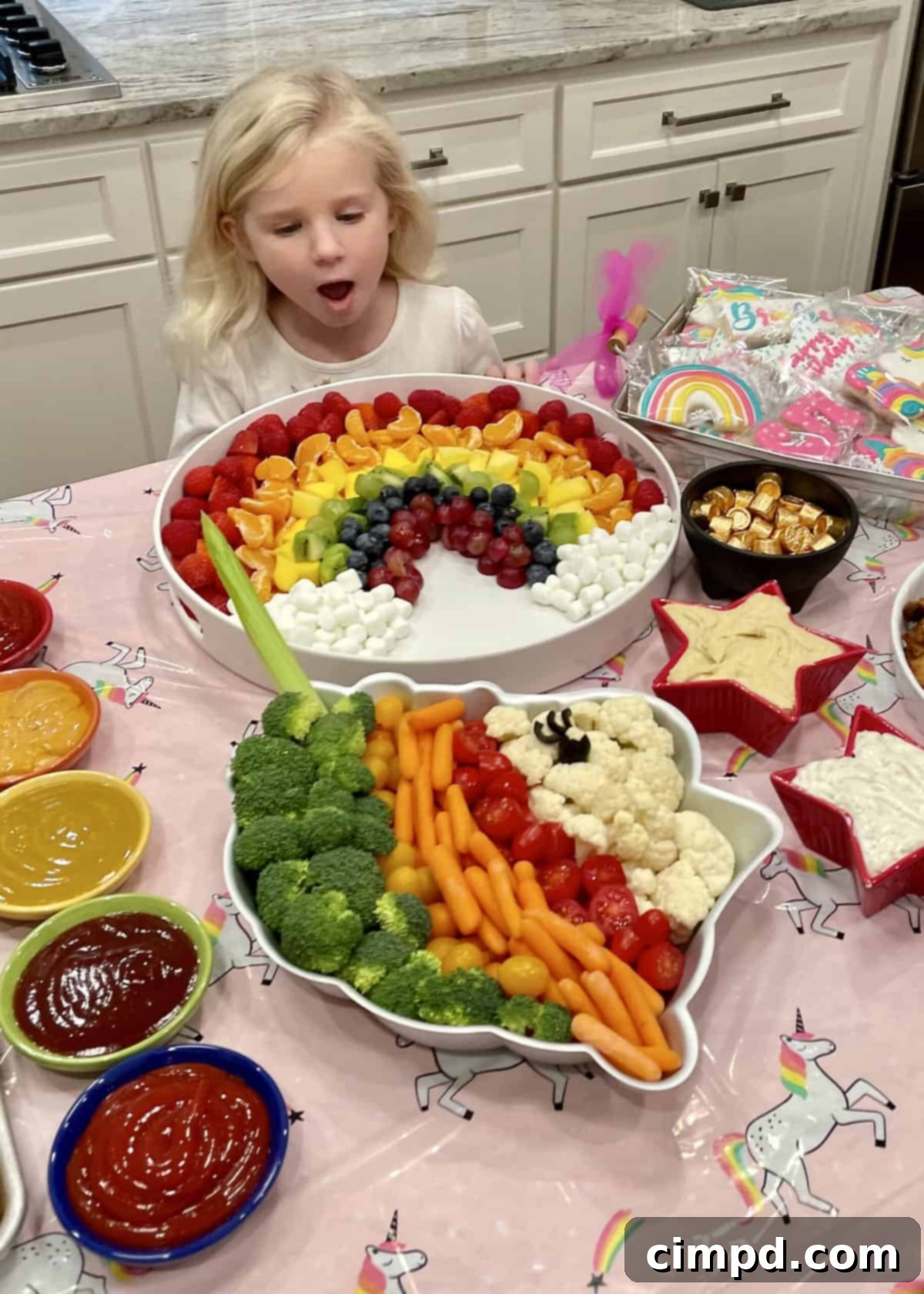 A young girl, Brookie, joyfully looking at the Unicorn Magic Birthday Spread, surrounded by colorful unicorn-themed treats and decorations.