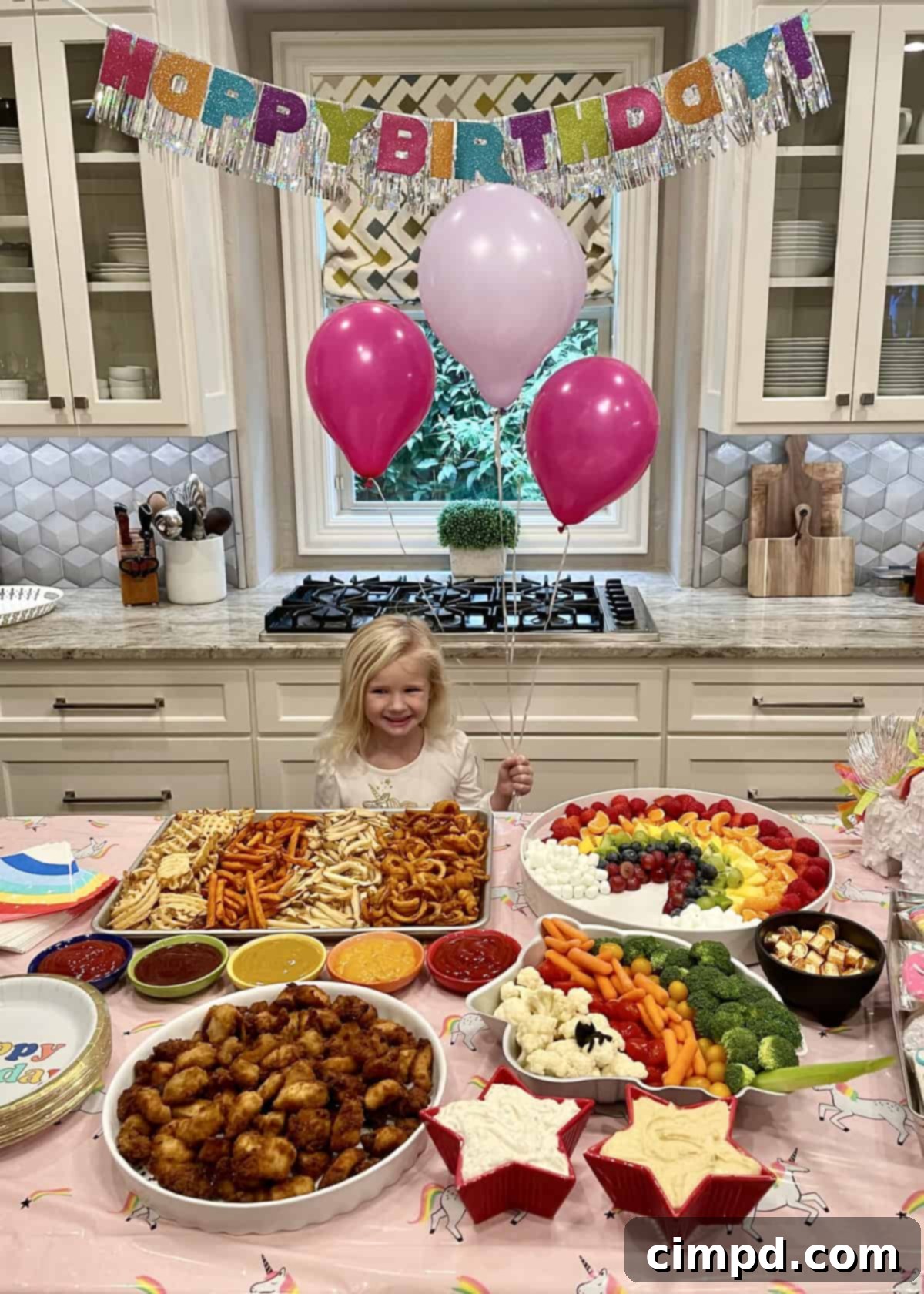The complete Unicorn Magic Birthday Spread, showcasing a delightful array of colorful snacks, dips, chicken nuggets, and fries, all artfully arranged for a festive celebration.