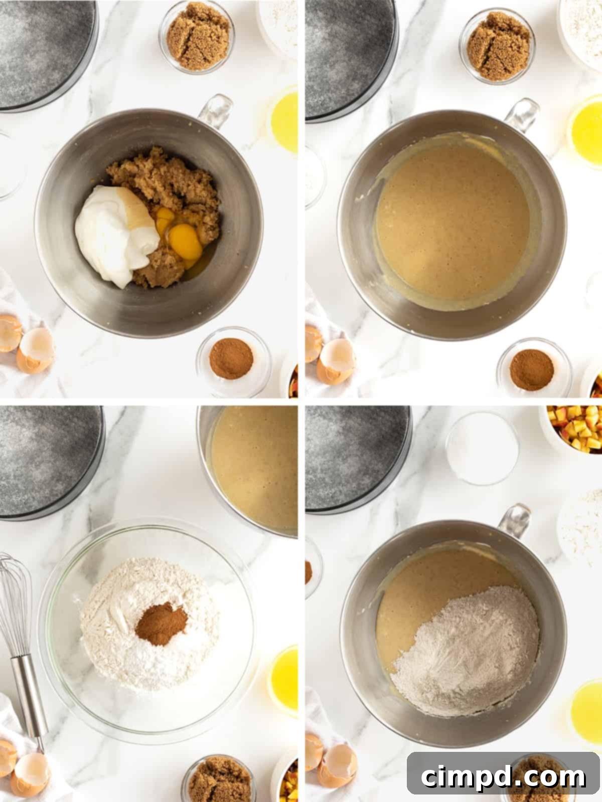 A series of three progression photos showing the steps to make peach coffee cake batter, from mixing ingredients to adding peaches.