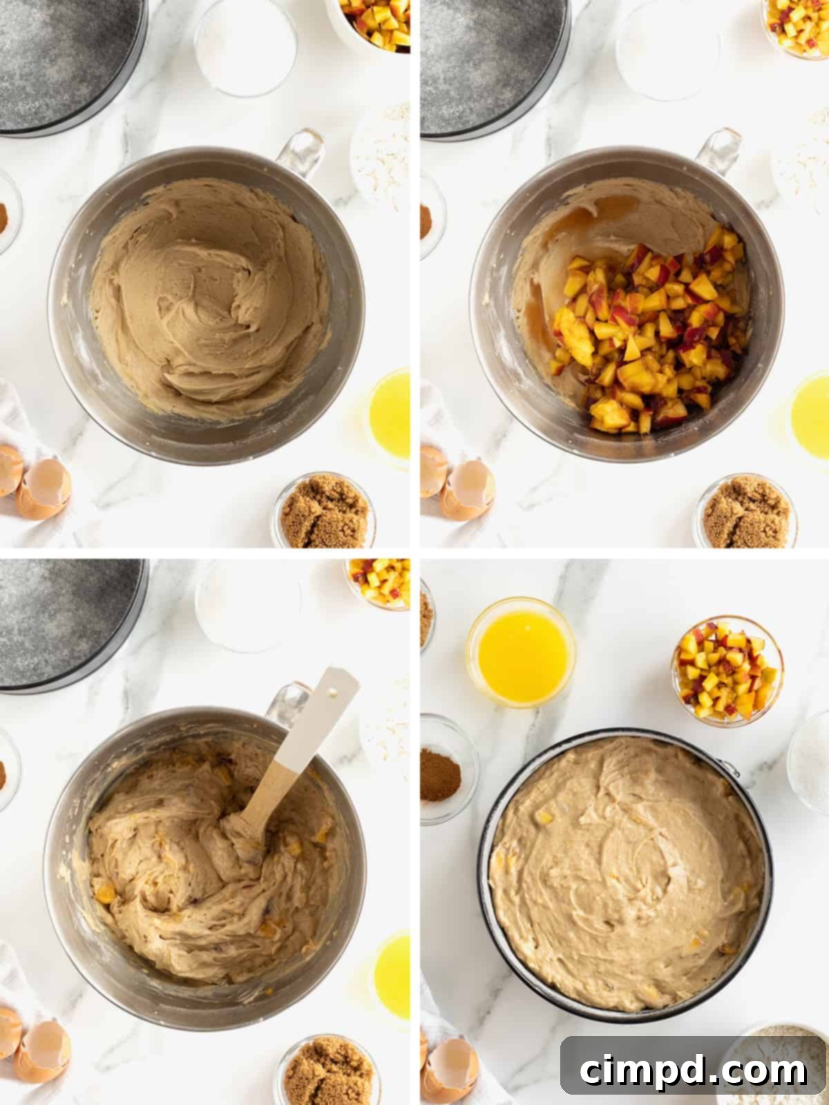 A series of three progression photos showing the steps to make peach coffee cake batter, from mixing ingredients to adding peaches and spreading in pan.