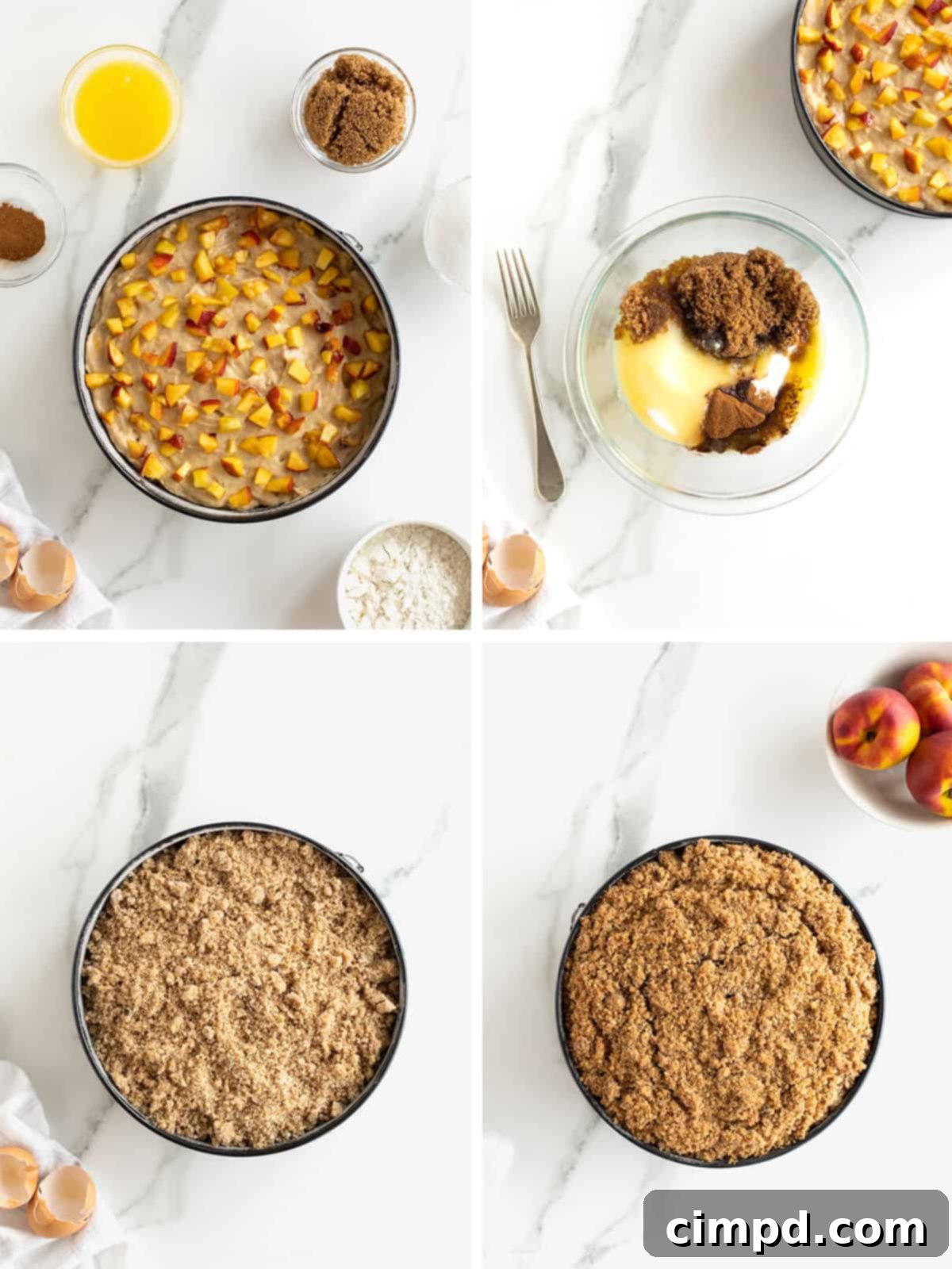 A series of three progression photos showing the steps to make peach coffee cake batter, from mixing ingredients to adding peaches, spreading in pan, and topping with streusel.