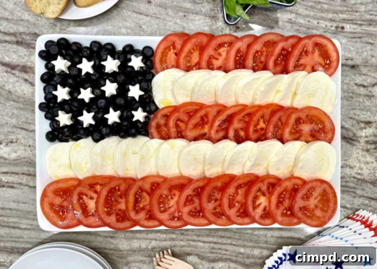 Overhead view of the American Flag Caprese Salad, showcasing the arrangement of ingredients.