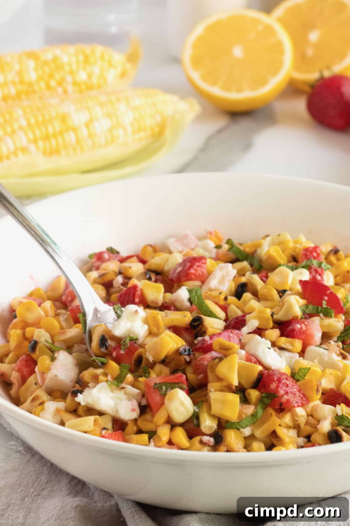 Grilled Corn Salad with Strawberries, Feta and Mint by The BakerMama
