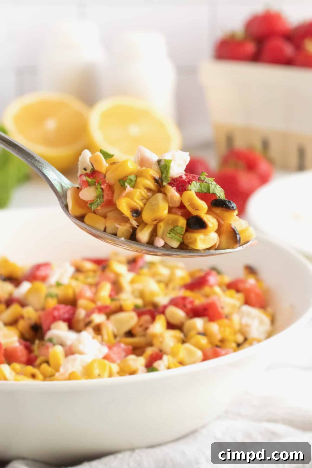Grilled Corn Salad with Strawberries, Feta and Mint by The BakerMama