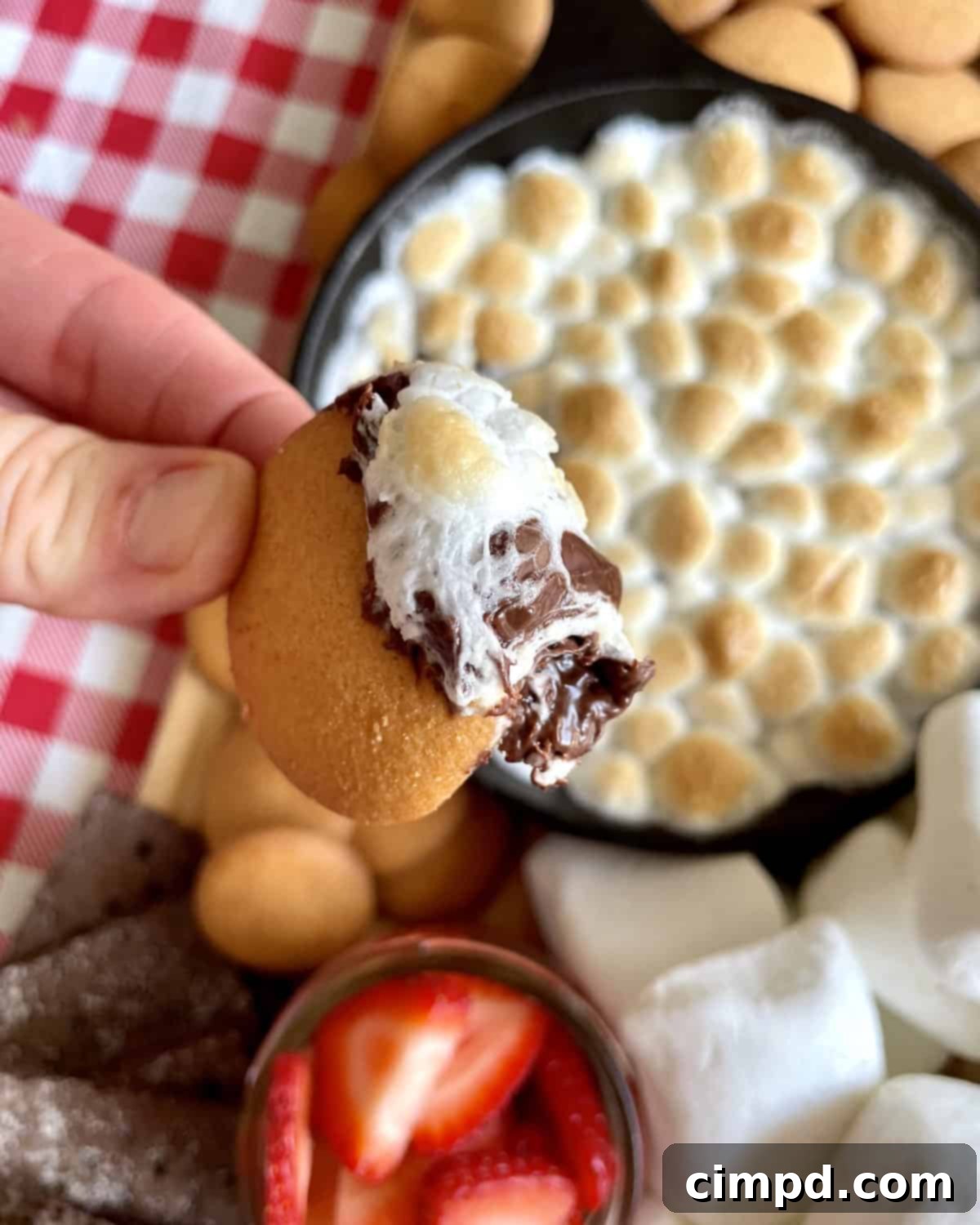 Close-up of the grilled s'mores dip in a cast iron skillet, with melted chocolate and golden-brown marshmallows, ready for dipping.