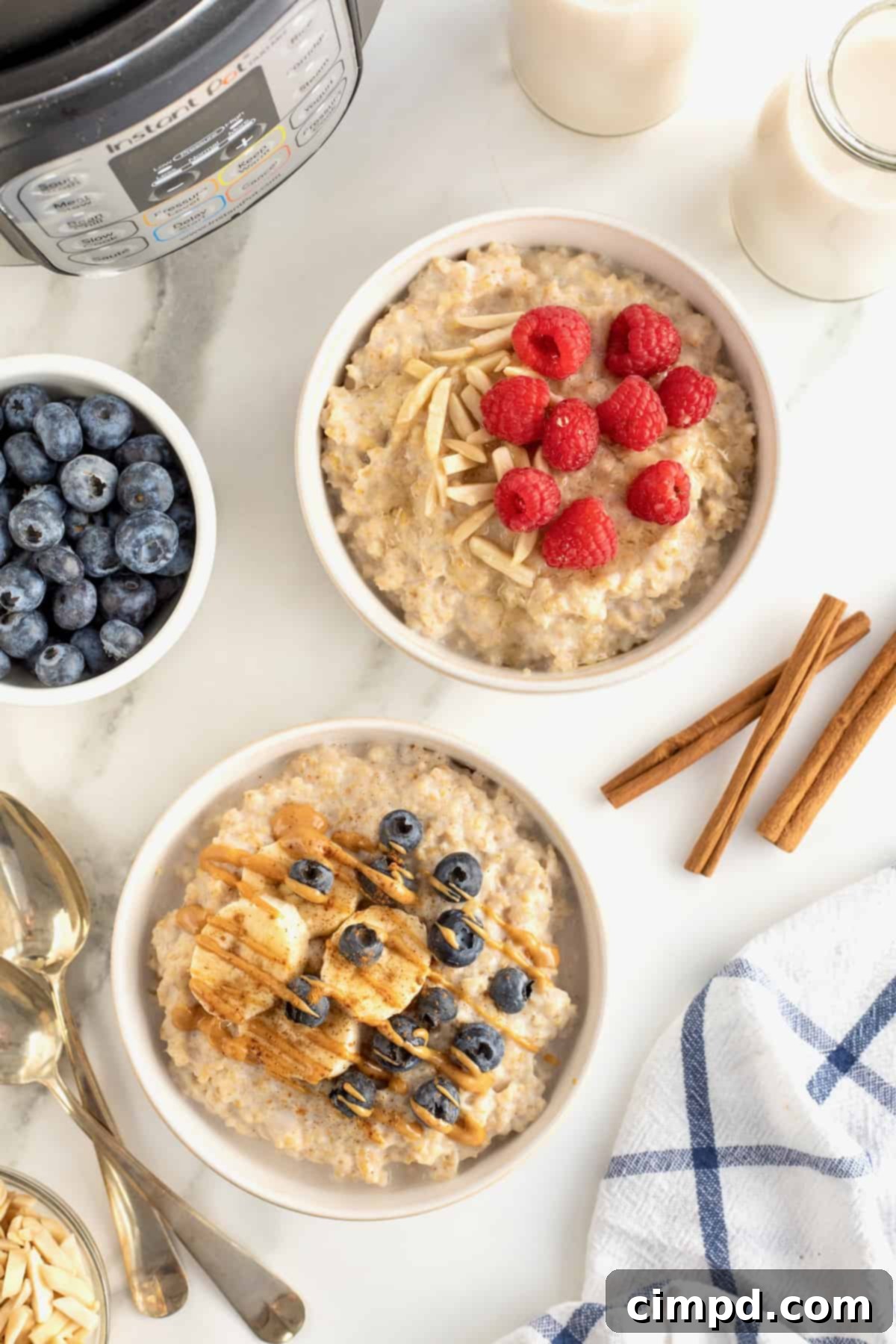 Perfect Steel Cut Oats Every Time 3 Two pristine white ceramic bowls brimming with oatmeal. The first bowl is generously adorned with vibrant red raspberries, while the second features neatly sliced bananas, a scattering of fresh blueberries, and an inviting drizzle of creamy peanut butter, showcasing delicious topping variations.