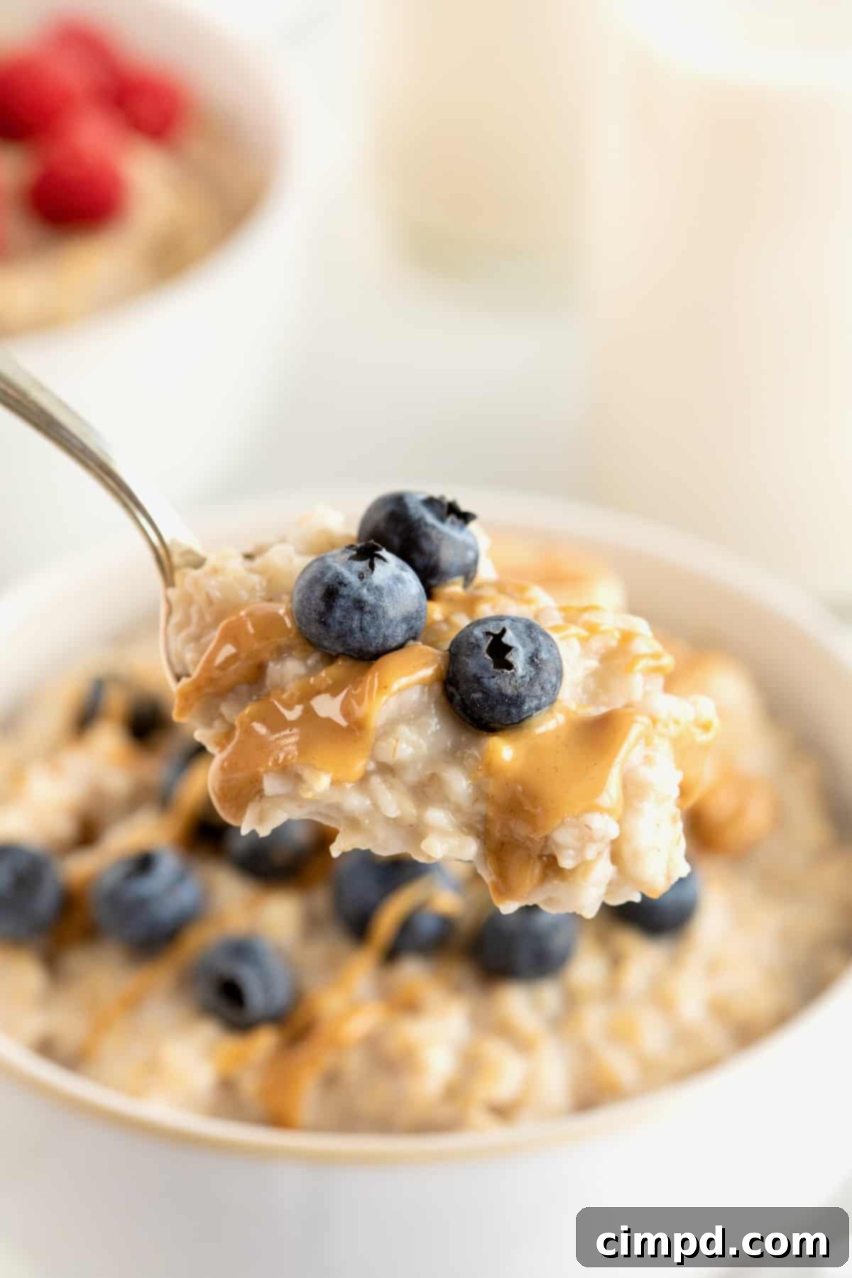 Perfect Steel Cut Oats Every Time 4 A close-up shot capturing a spoonful of creamy oatmeal, generously loaded with fresh blueberries and adorned with a tempting drizzle of peanut butter, highlighting its delicious texture and appealing toppings.