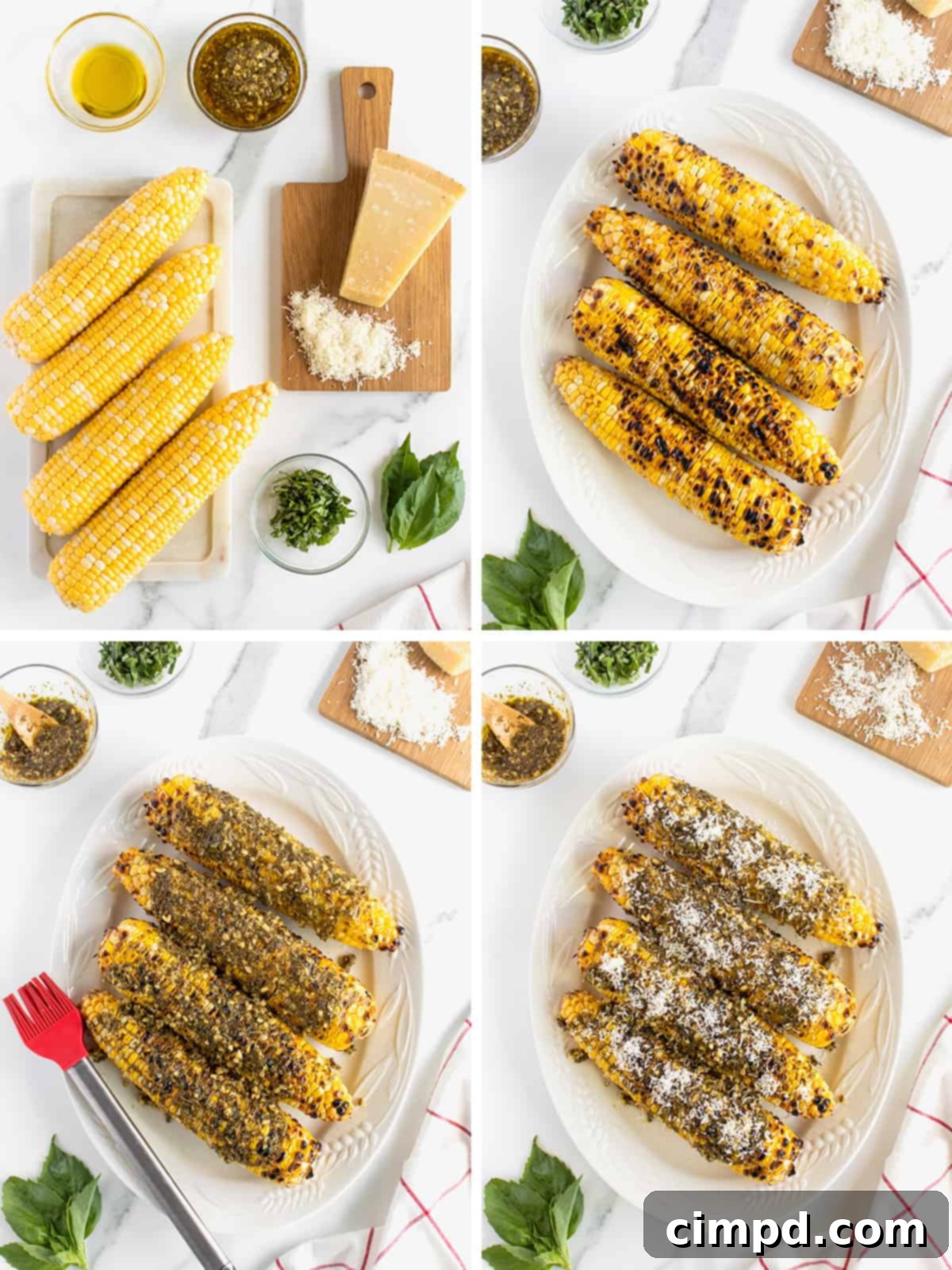 Grilled Corn with Pesto and Parmesan 4 Freshly grilled Pesto Parmesan Corn, ready to be served by The BakerMama