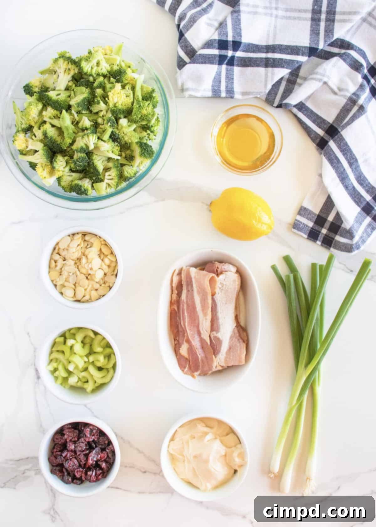 Individual ingredients for Creamy Broccoli Salad laid out on a table, including broccoli, bacon, cranberries, and almonds.