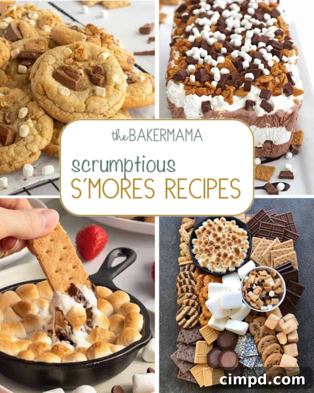 A vibrant collage showcasing various S'mores recipes including S'mores Pudding Cookies, a decadent S'mores Ice Cream Cake, a bubbling S'mores Dip, and an elaborate S'mores dessert board.