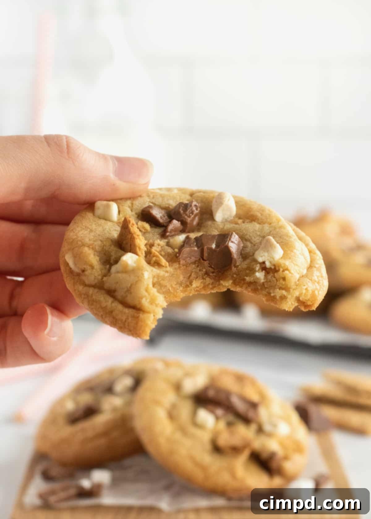 Dreamy Smores Pudding Cookies 3 Close-up of freshly baked S'mores Pudding Cookies, highlighting the golden-brown edges and soft, inviting centers.