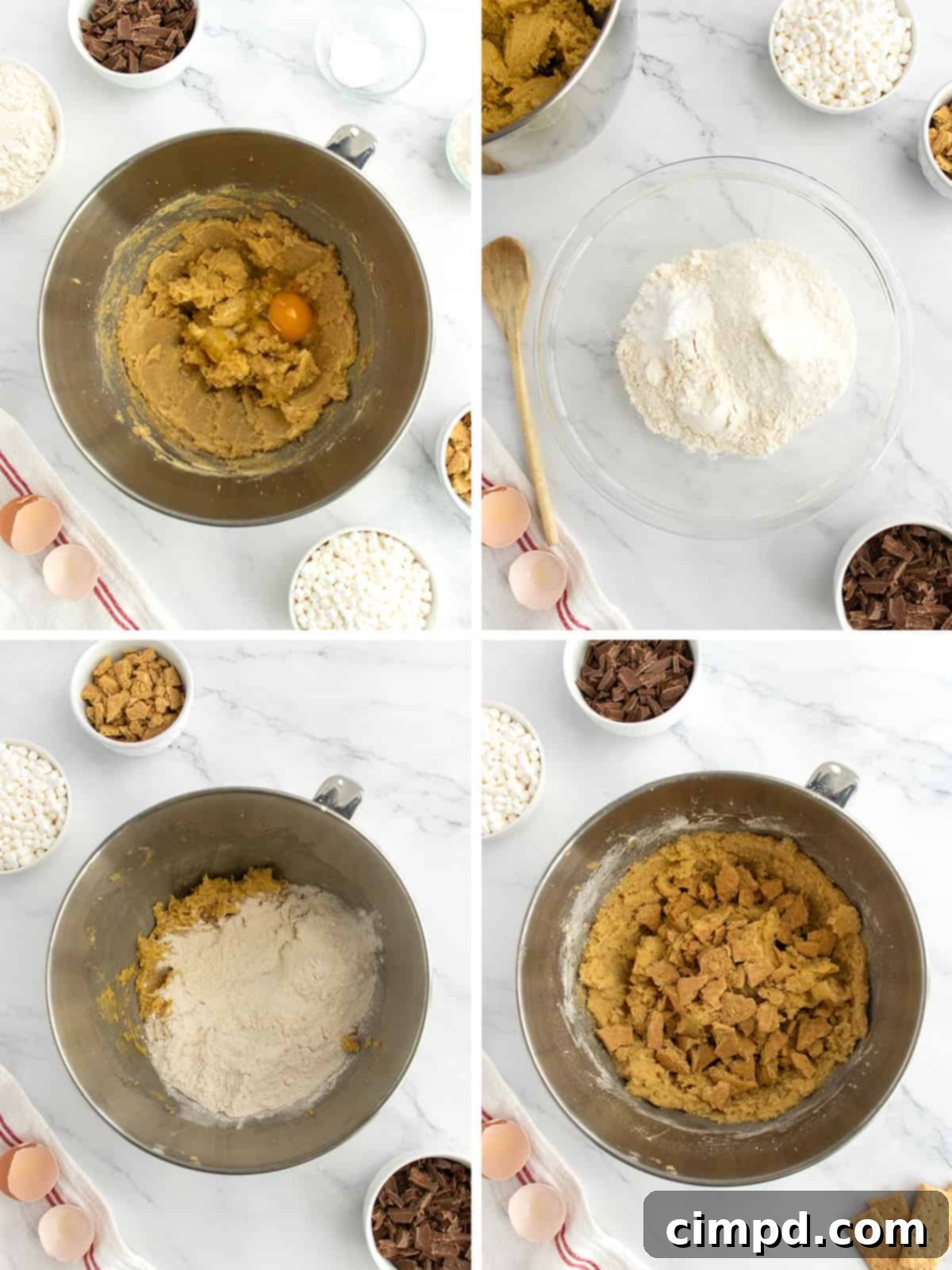 Dreamy Smores Pudding Cookies 5 Mixing cookie dough with graham cracker pieces, a key step for S'mores Pudding Cookies.