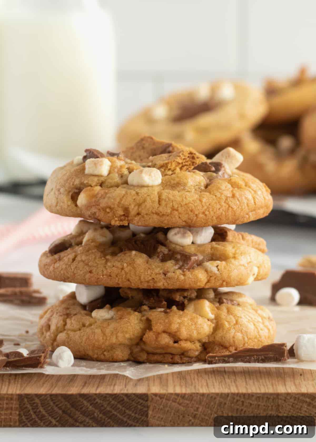 Dreamy Smores Pudding Cookies 8 Golden-brown S'mores Pudding Cookies cooling on parchment paper, fresh from the oven.