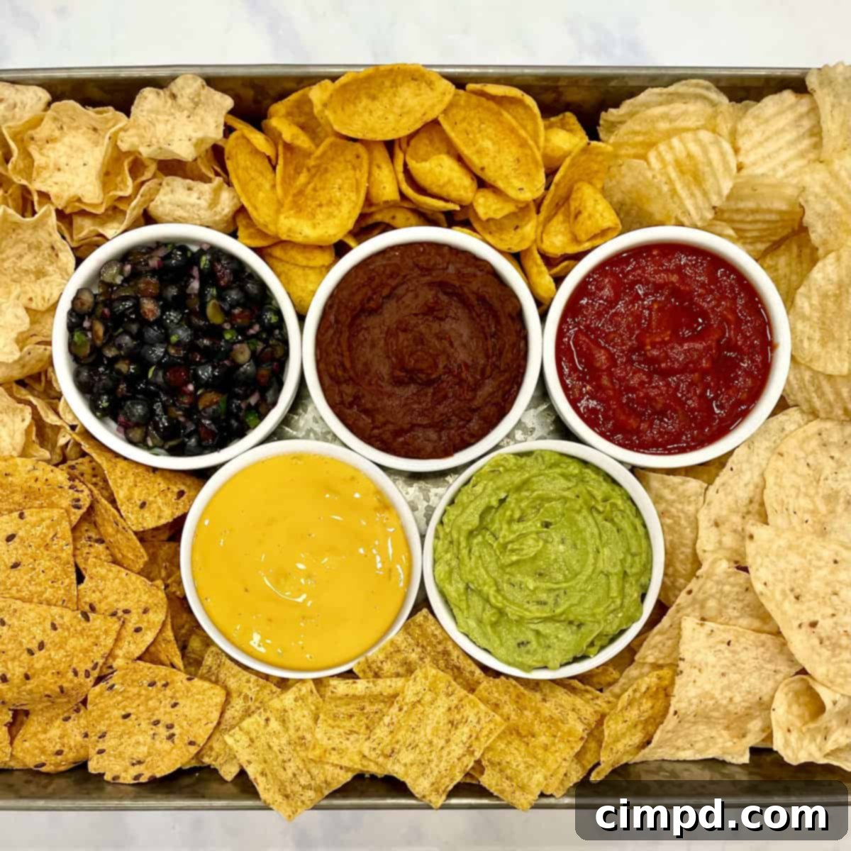 Overhead view of Olympics Chips and Dips Tray ready to serve