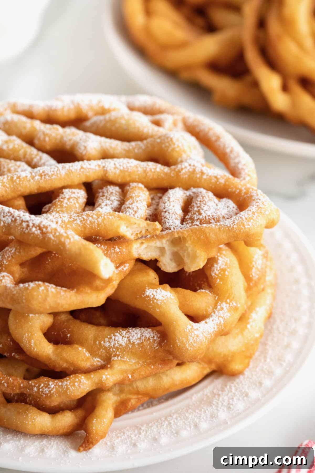 A close-up view of two freshly made funnel cakes, delicately dusted with powdered sugar and presented on a clean white plate.