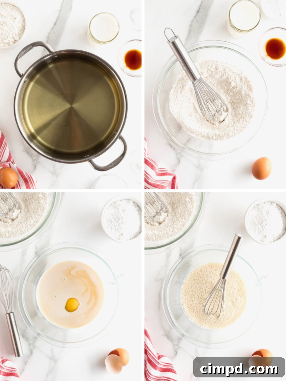 A step-by-step photographic collage showing the initial stages of preparing funnel cake batter.