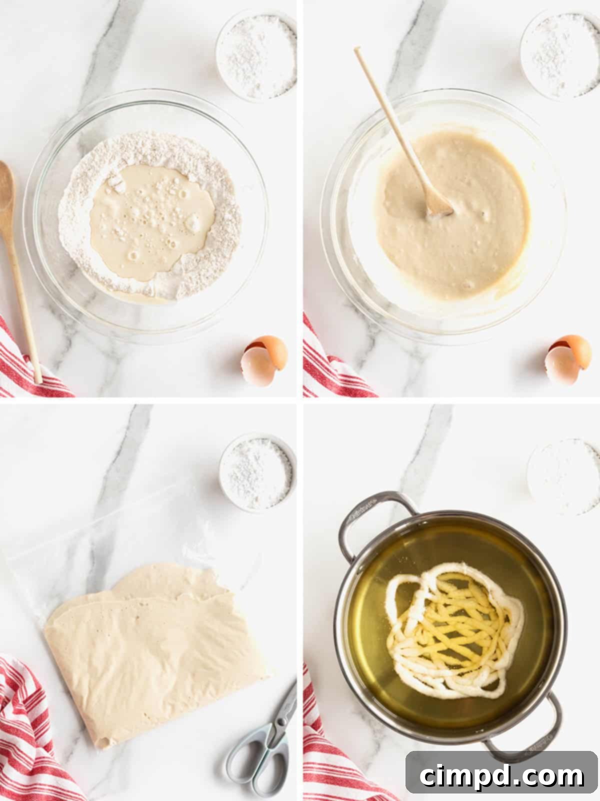 A two-part image displaying the technique of pouring funnel cake batter into hot oil in a circular motion.