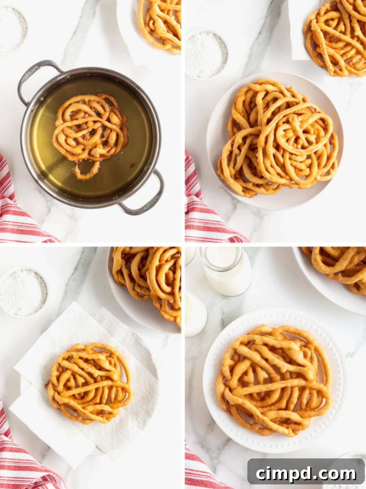 A visual guide demonstrating the process of frying funnel cakes until golden and removing them from the hot oil.