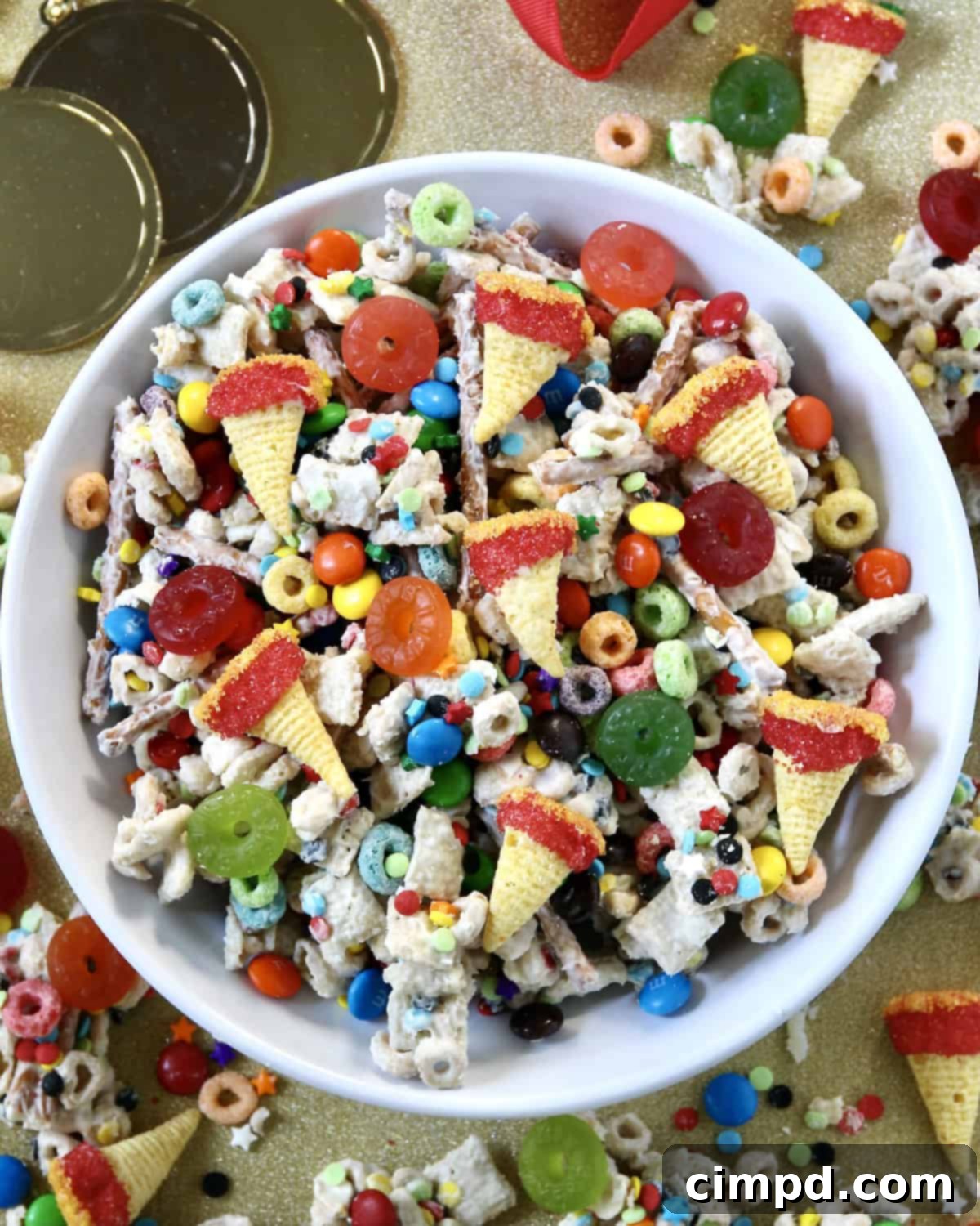 Festive and colorful Olympics Snack Mix, perfect for watching the Games