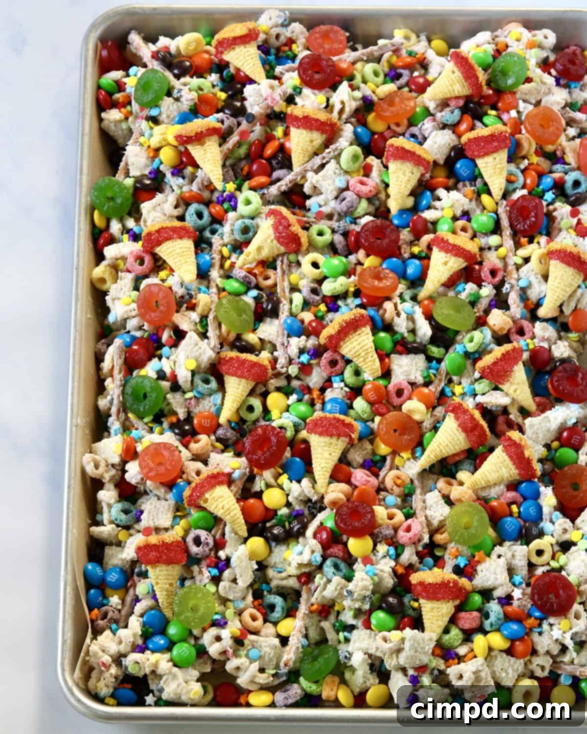 Close-up of Olympics Snack Mix showing colorful sprinkles and textures