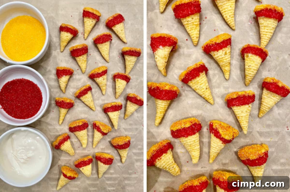 Step-by-step creation of Mini Olympic Torches using Bugles and sprinkles
