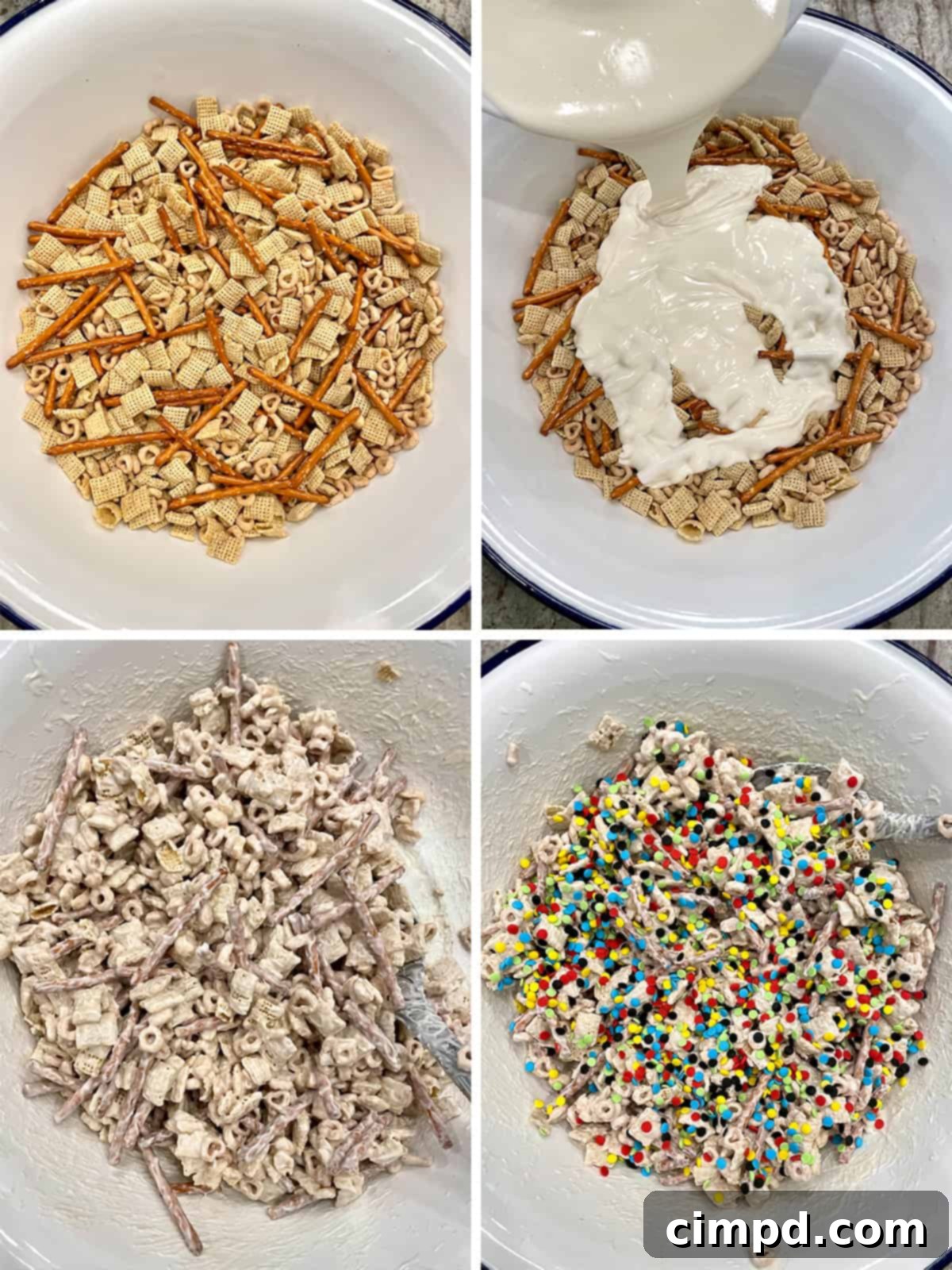 Olympics Snack Mix ingredients coated in vanilla candy and sprinkles