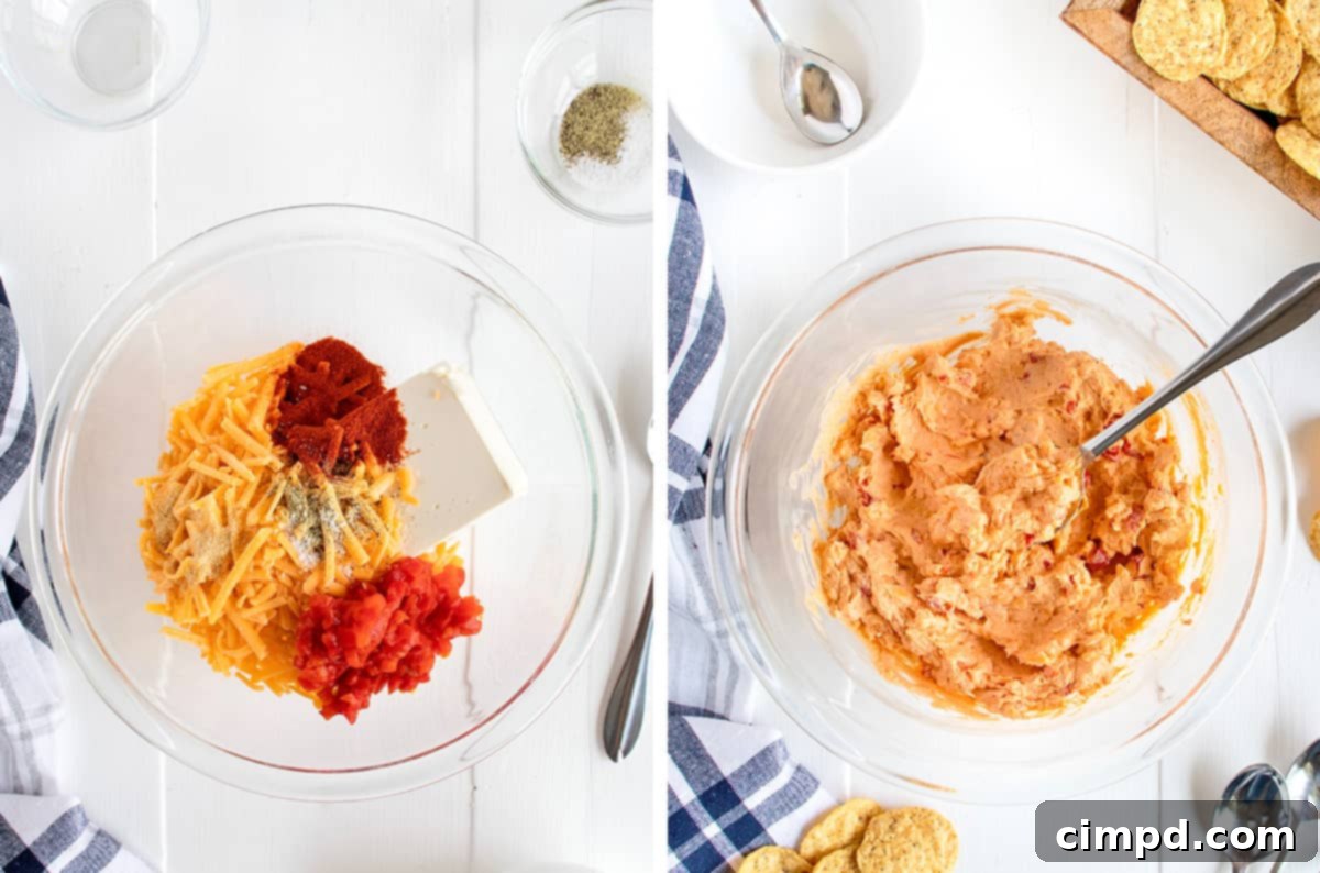 A series of step-by-step images showing the process of making Pimento Cheese Dip, from combining ingredients in a bowl to the final stirred mixture.