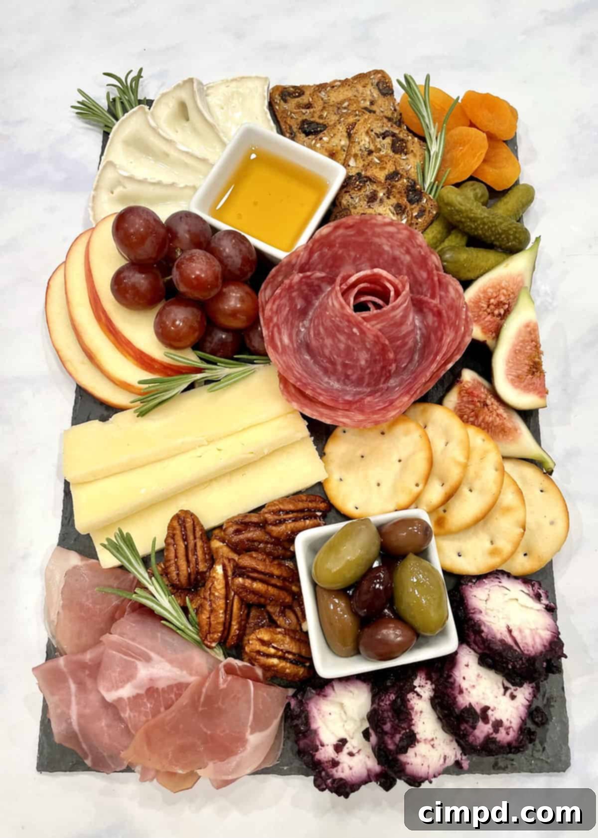 Another perspective of the finished Trader Joe's Mini Cheese and Charcuterie Board, highlighting the thoughtful arrangement and inviting appeal of the gourmet selection.