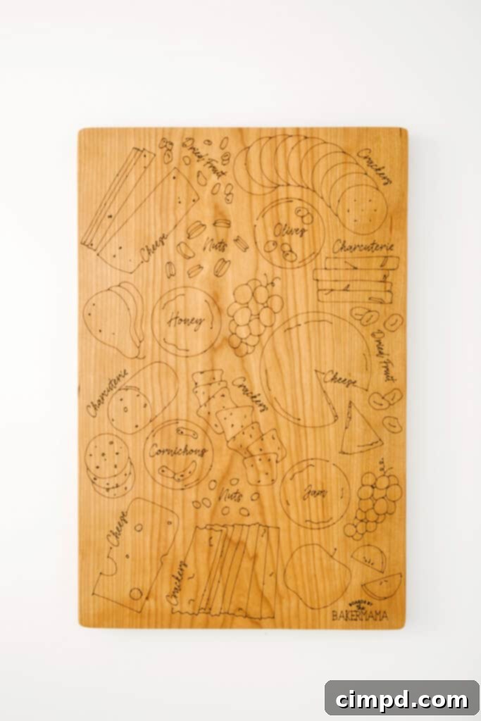 The BakerMama's Signature Board: A large, impeccably arranged charcuterie board showcasing a luxurious selection of gourmet cheeses, premium cured meats, fresh fruits, nuts, and various crackers, designed to inspire and guide aspiring board creators.