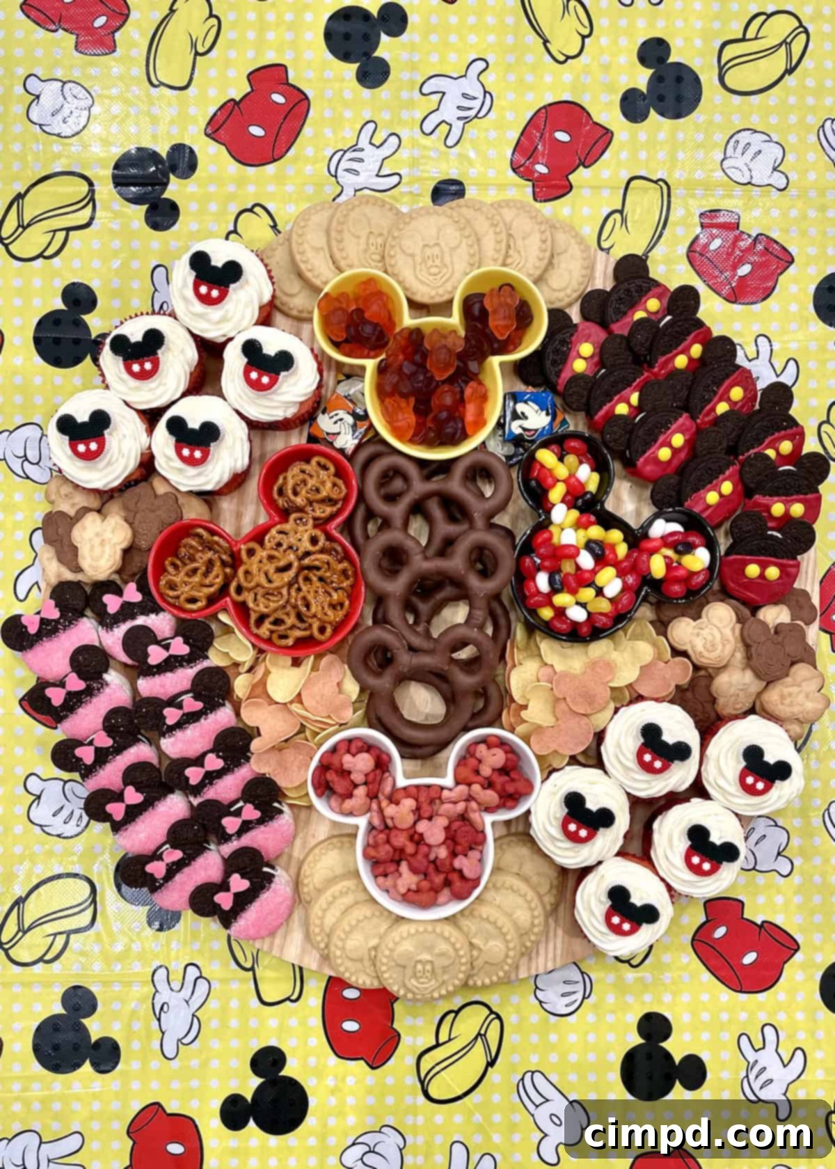 A festive Mickey Mouse Snack Board by The BakerMama, featuring a variety of sweet and savory treats arranged in a charming, Disney-themed display for a magical party.