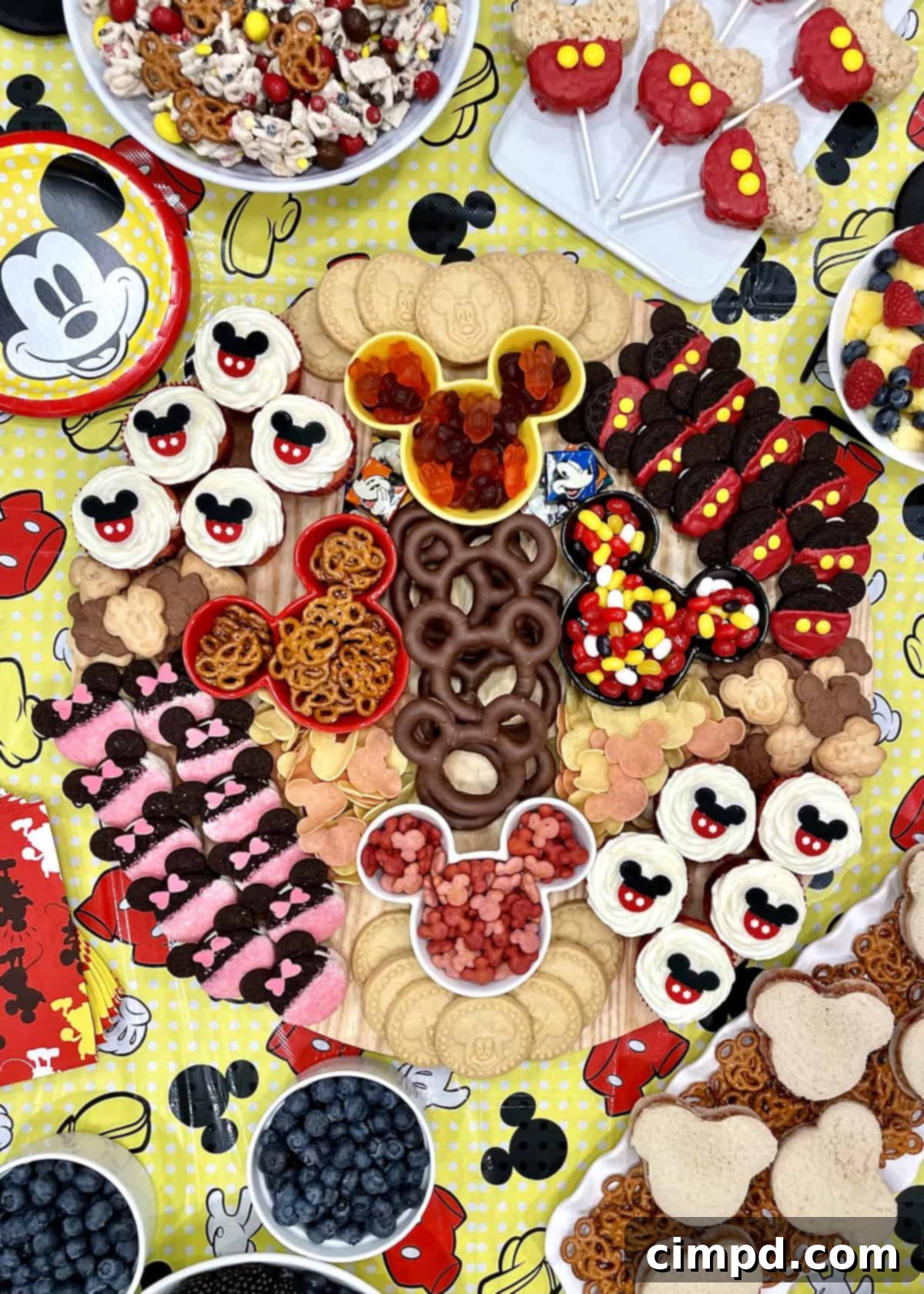 A close-up of a Mickey Mouse Snack Board by The BakerMama, showcasing a variety of intricately designed Mickey and Minnie themed treats and snacks.