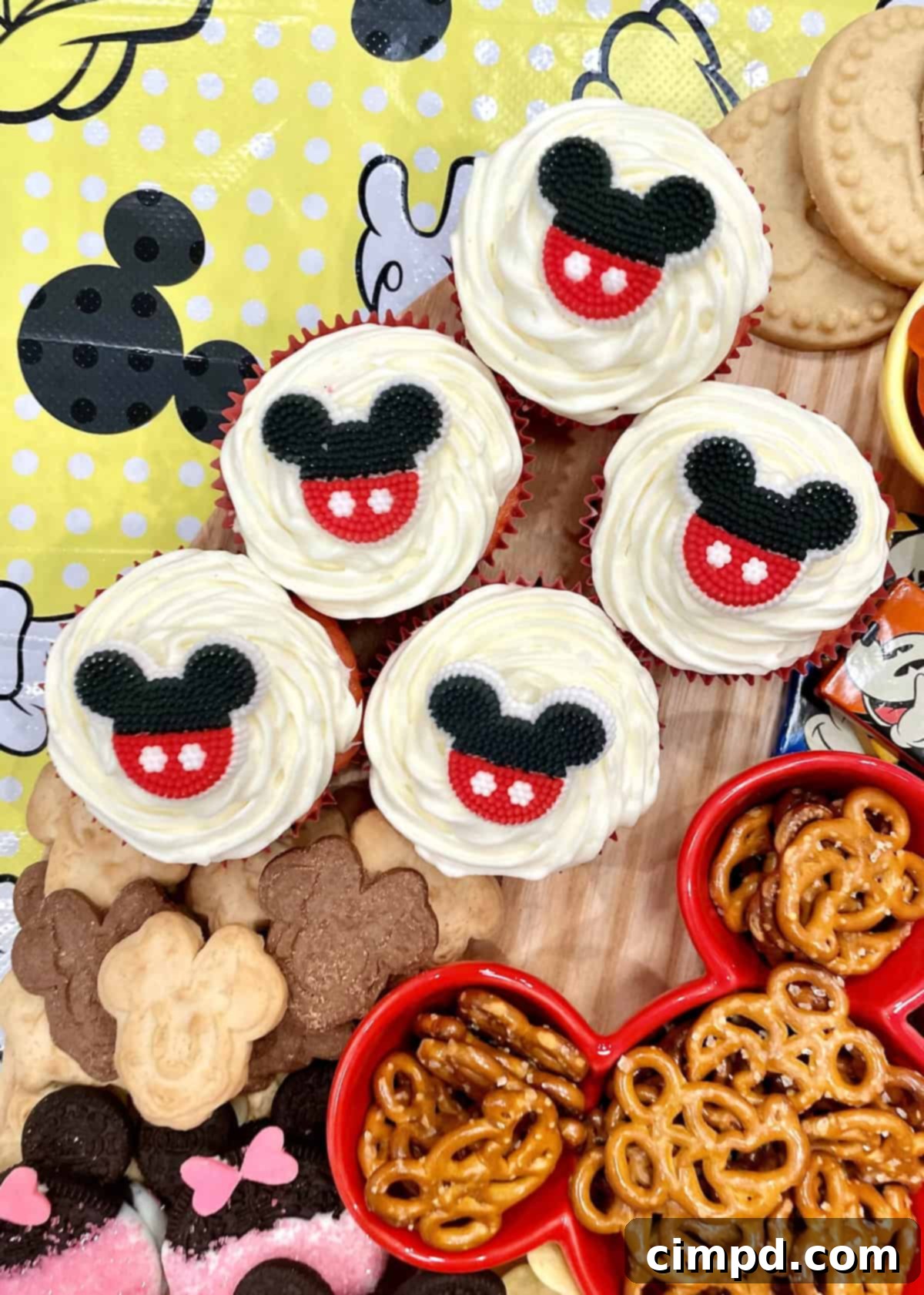 A beautifully frosted cupcake with a Mickey and the Roadster Racers icing decoration, ready to be placed on a Mickey Mouse Snack Board.