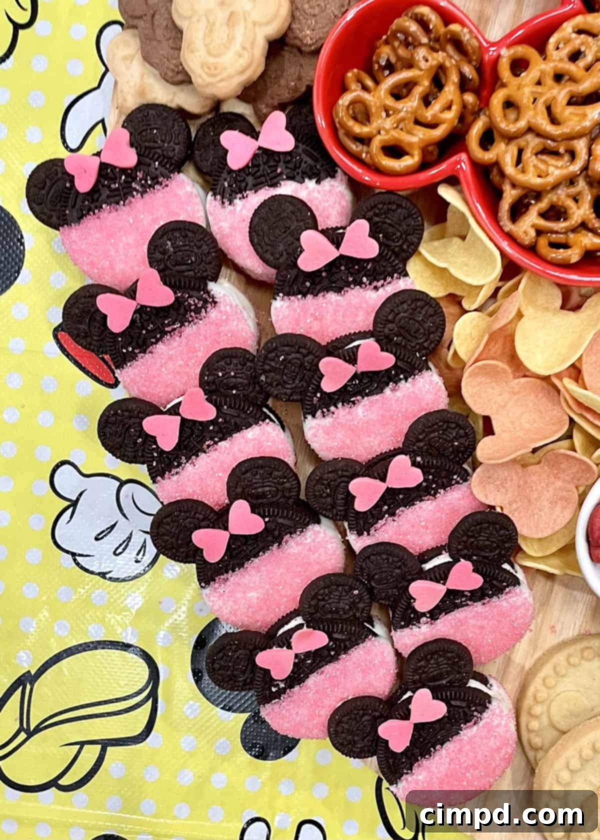 A close-up of a charming Minnie Mouse Oreo treat, featuring pink sprinkles, mini Oreo ears, and a heart-shaped sprinkle bow, ready for a Disney-themed snack board.