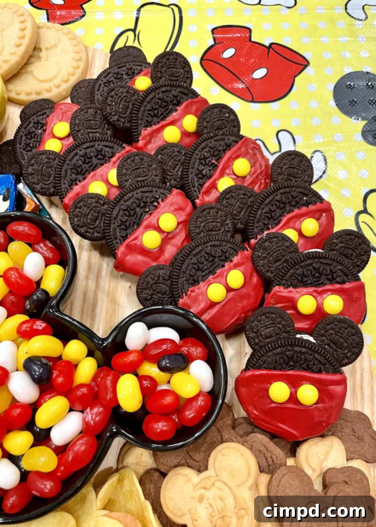 A charming Mickey Mouse Oreo treat, featuring red candy melt shorts and yellow M&M buttons, with mini Oreo ears, perfect for a Disney-themed party.