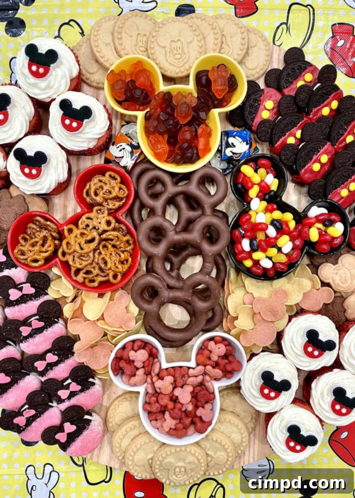 A fully assembled Mickey Mouse Snack Board by The BakerMama, showcasing a vibrant and diverse collection of Mickey-themed snacks, treats, and sweets, arranged on a round wooden board for a party.
