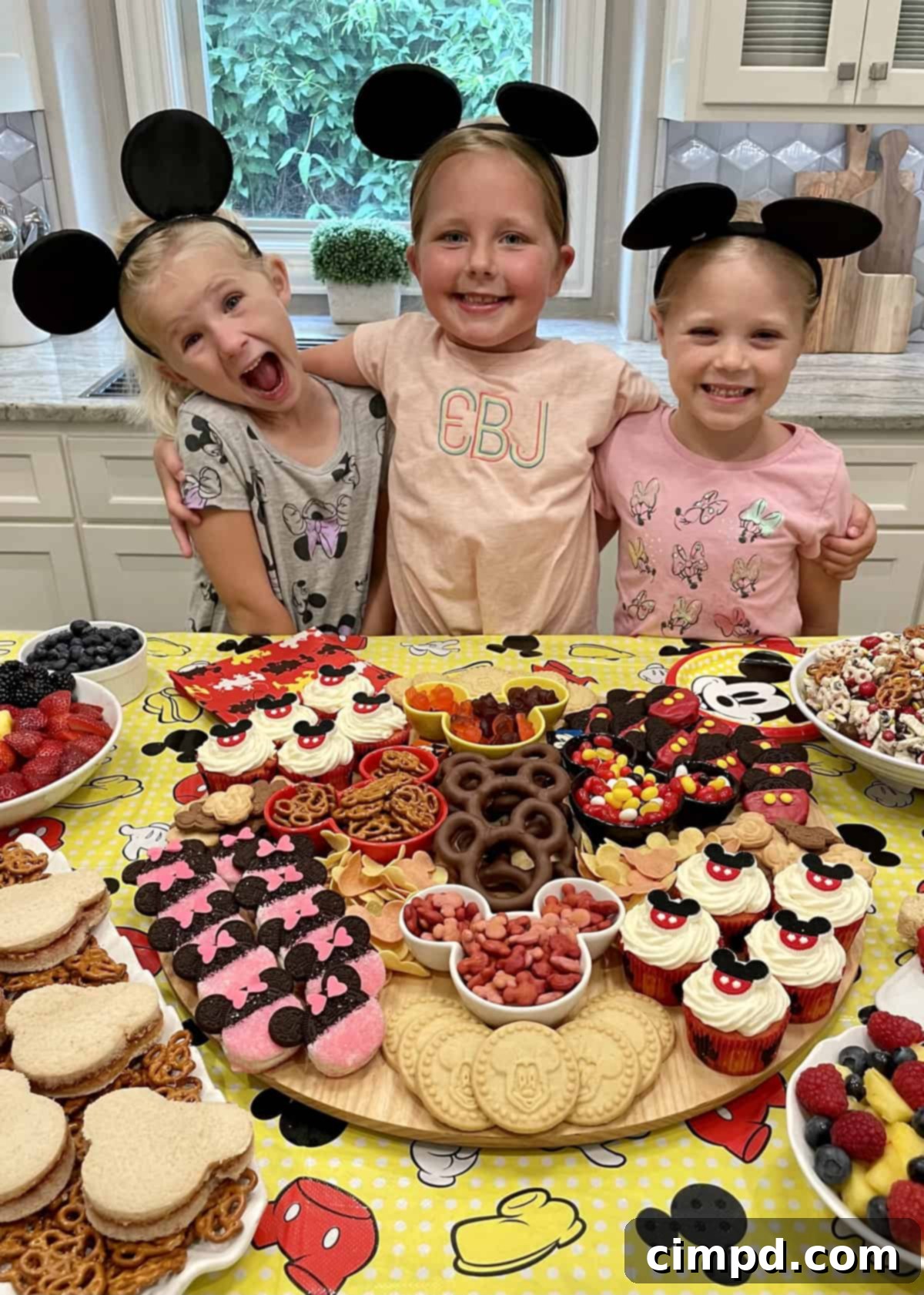 An overhead shot of the completed Mickey Mouse Snack Board by The BakerMama, beautifully arranged with an abundance of Mickey and Minnie themed treats and snacks.